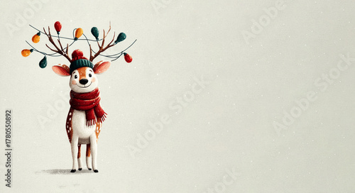 Cute cartoon reindeer with scarf and beanie wearing Christmas lights on antlers standing in snow with blank winter background Generative AI