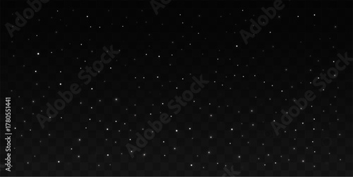 Silver glitter dust with stars and flakes.Stardust confetti and Christmas lights with bokeh effect. Transparent overlay with shining powder. Silver snow. Vector effect.