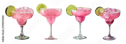 Watercolor set of pink cocktails with lime slices and ice in glass cups. Summer set for margarita or tropical drinks. Pink fancy drinks for bar menu design, party invitations.