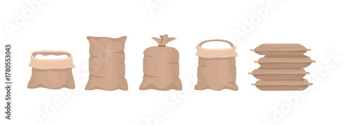 Collection of brown sacks and burlap bags. Collection of Burlap Bags and Rice Sacks. Bulk stock. 