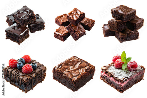 A set of delicious chocolate brownies, isolated on a transparent background PNG