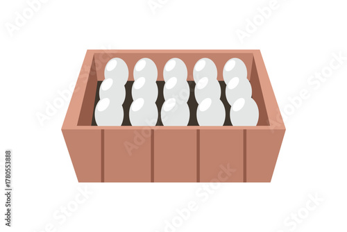 White egg in wooden box. Farm Fresh White Eggs. Neatly Arranged White Eggs. Organic White Eggs in Wooden Container.