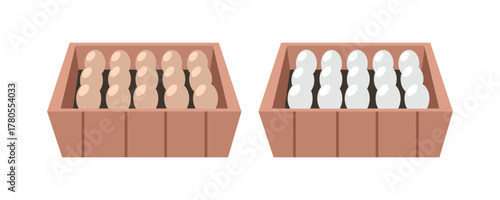 Set of egg in wooden box. Brown and white eggs in wooden crates. Farmer product.