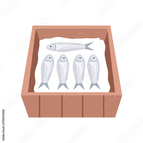 Fresh sardines in wooden box. Fresh Sardines Packed in Container. Box of Fresh Sardines on Display.