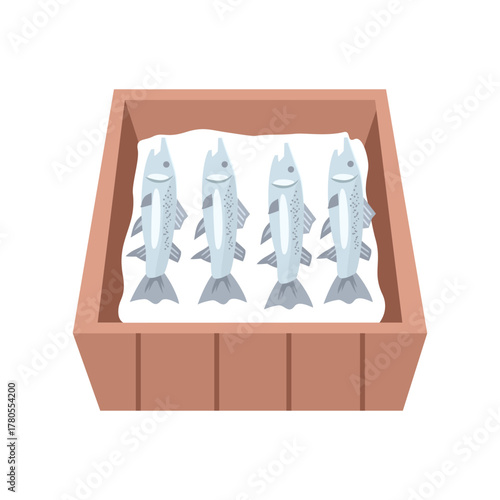 Fish display in wooden box. Freshly Caught Fish in Wooden Box. Packed Fresh Fish in Container.