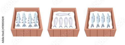 
Fresh fish in wooden crates with ice. Iced Fresh Fish in Wooden Boxes. Fresh Fish Display in Wooden Crates.
