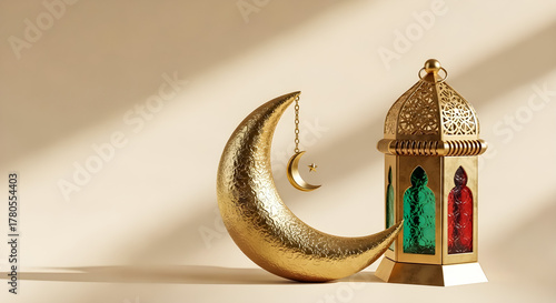 Golden Crescent Moon and Lantern — Minimal Ramadan Still Life