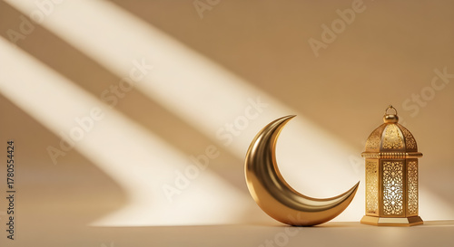Golden Crescent Moon and Lantern — Minimal Ramadan Still Life