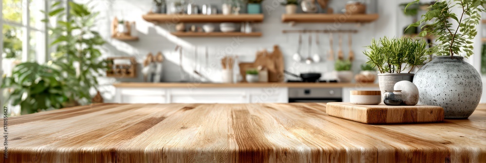 Fototapeta premium Wooden kitchen countertop in modern bright interior with blurred background