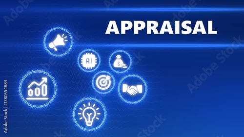 Appraisal Concepts Illustrated with Icons on a Blue Digital Background evaluation business