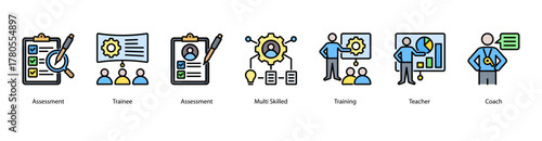 Skill Building Program web banner vector illustration featuring Assessment, Trainee, Multi Skilled, Training, Teacher, Coach, and Trainer. Ideal for professional growth materials.