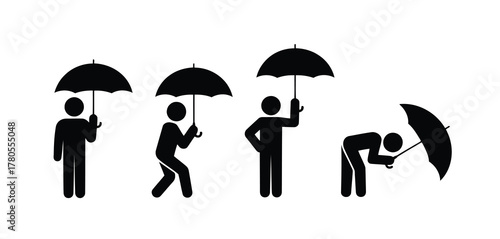 Stick Figures in Various Poses Holding Umbrellas for Protection Against Rain or Sun