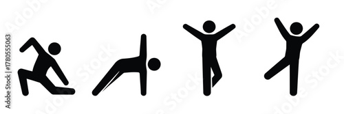 Stick Figures in Exercise Positions Yoga, Stretching, and Celebration Poses Depicted