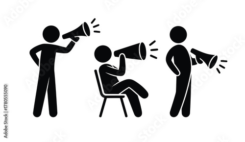 Stick Figures with Megaphones Announcement, Promotion, Leadership, and Communication Illustrations