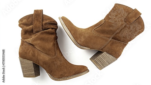 Brown suede ankle boots with block heels and western-style stitching