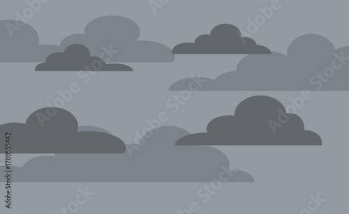 Flat design ominous dark gray and black cloudscape creating a moody atmosphere. Layered storm clouds dominate the scene, suggesting heavy rain or foreboding weather conditions.
