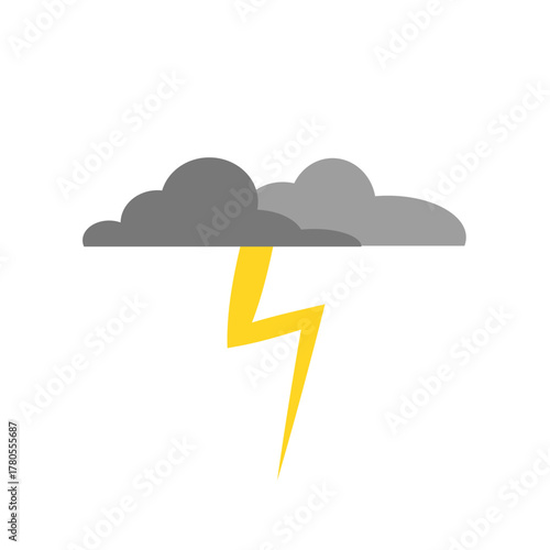 Flat design stylized dark storm cloud icon with a bright yellow lightning bolt striking down. thunderstorm warning and heavy electrical activity. cartoon vector thunder