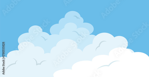 Flat design view of large voluminous cumulus clouds filling the blue sky. The stacked fluffy clouds create an impressive atmospheric border at the horizon line. perfect for themes of weather