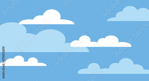 Flat Design layered blue sky background showcasing multiple white and light blue clouds. The simple stylized cloud shapes overlap creating a sense of depth and movement across the scene.