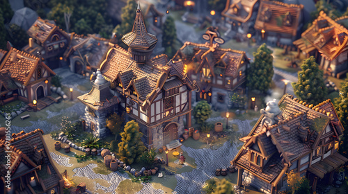 Fototapeta Naklejka Na Ścianę i Meble -  3d Isometric Fantasy RPG village tavern blacks