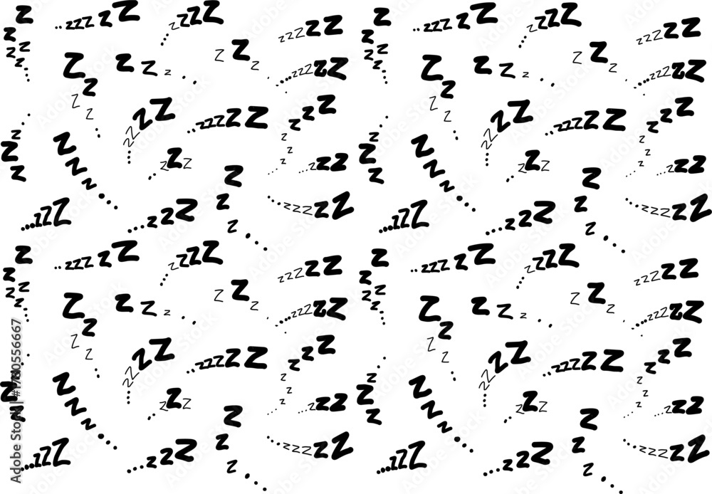 Fototapeta premium Seamless pattern of black “Zzz” sleep symbols on a white background, representing rest, dreaming, and relaxation. Perfect for pajamas, bedding, and cute designs. 