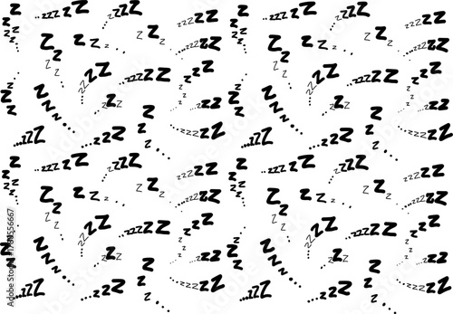 Seamless pattern of black “Zzz” sleep symbols on a white background, representing rest, dreaming, and relaxation. Perfect for pajamas, bedding, and cute designs.
