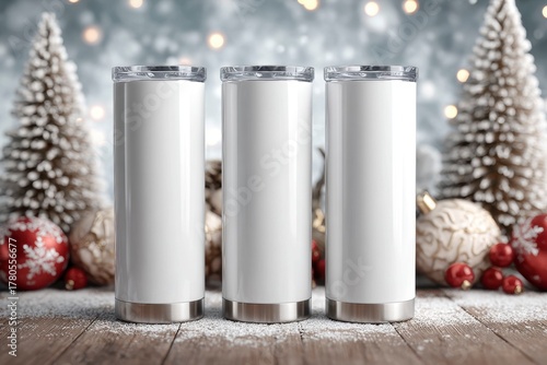 3 white, slender tumbler mockups, with a christmas themed background