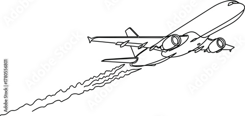 Line Art Airplane Taking Off with Smoke Trail Vector Illustration