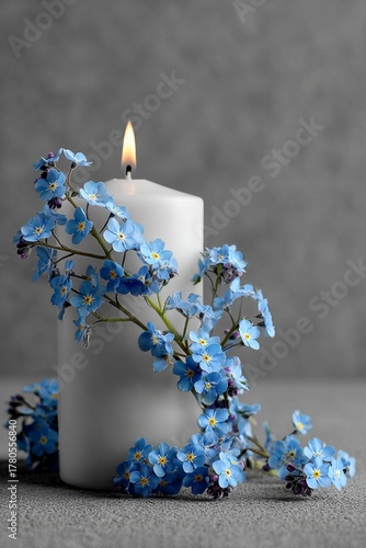 white candle with blue forget me nots on a light gray background