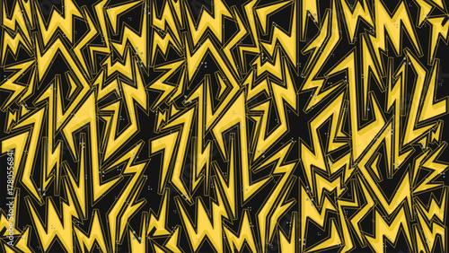 Bold Graffiti Lightning Zigzag Seamless Pattern with Yellow and Black Energetic Abstract Shapes for Sport Jersey and Activewear Background
