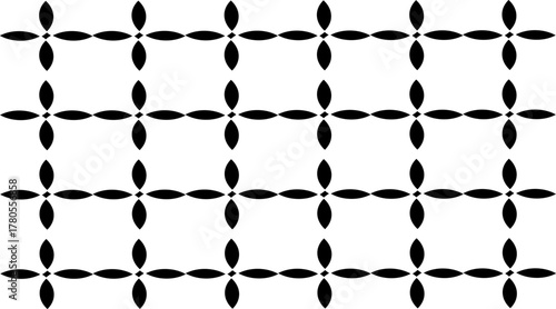 Minimalist black and white geometric pattern with oval shapes forming grid intersections, ideal for modern backgrounds, textiles, and seamless wallpaper design.
