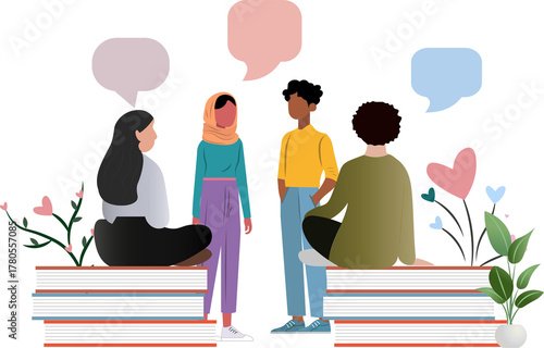 Diverse students discussing ideas on transparent background