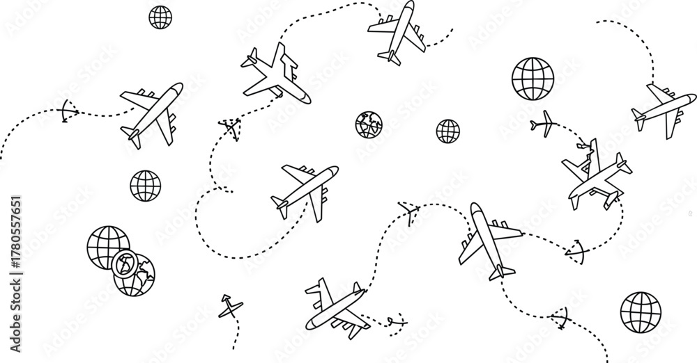 Obraz premium Seamless Pattern of Dotted Airplane Travel Routes Vector Background
