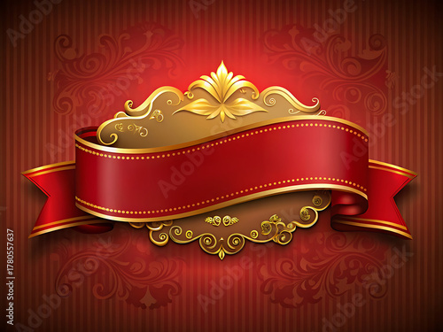 Red and Gold ribbon banner. Elegant vintage Label.