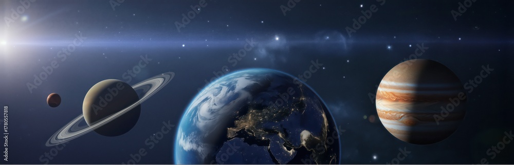 Fototapeta premium Solar System. Earth at Night Surrounded by Jupiter, Saturn, Planets in Deep Space. Global Communication & Space Exploration. 3D. Science, Technology Banner. Astronomy, Education Panoramic Background.