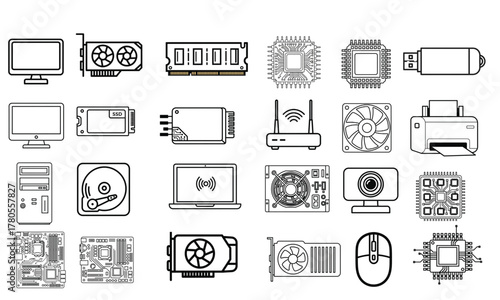 Computer Hardware Icon Set — 24 Minimal Flat Vector Technology Symbols Including CPU, GPU Black and White Line Icons Isolated on White Background
