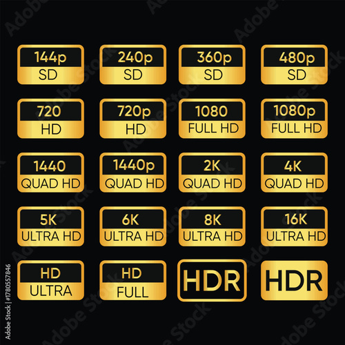 Set of Video Resolution Labels and Quality Badges, SD HD Full HD Quad HD 4K 8K 16K Ultra HD HDR Icons, Golden Design Vector on Black Background, Screen Technology