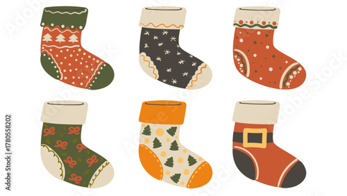Cute hand drawn set of Christmas socks. Collection of colored stocking wiith oranament.