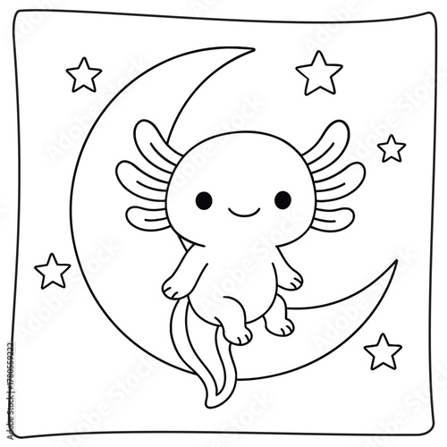 An axolotl sitting on a moon surrounded by stars in a black and white line drawing