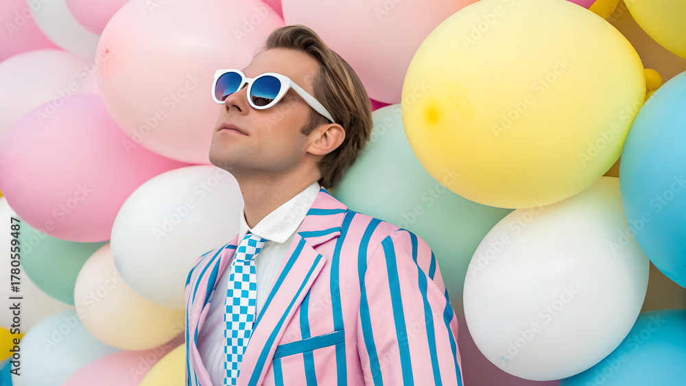 Obraz premium A stylish man adorned with confidence, wearing sunglasses and a modern striped suit, surrounded by vivid, vibrant colors.