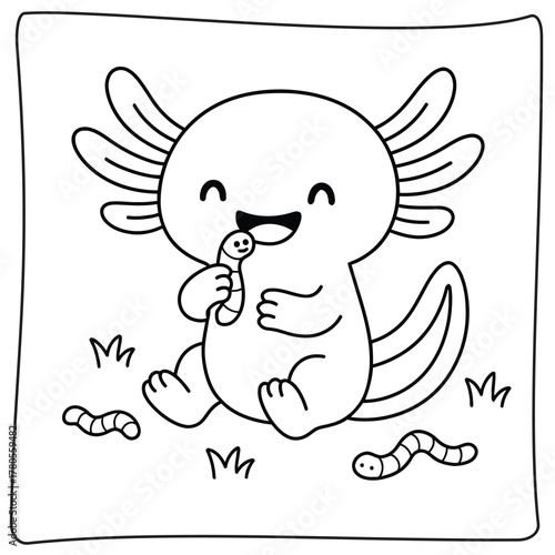 A cute axolotl eating a worm in a black and white cartoon style coloring page illustration