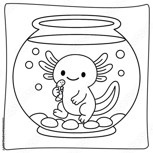 A cartoon axolotl holding a worm in a fishbowl coloring page with simple outlines