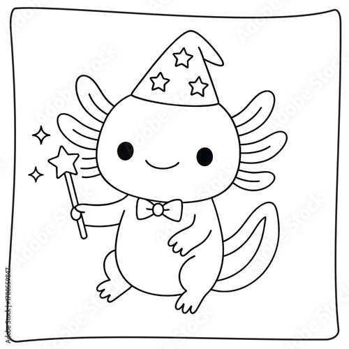 A cute axolotl wizard with a star wand and a wizard hat coloring page illustration