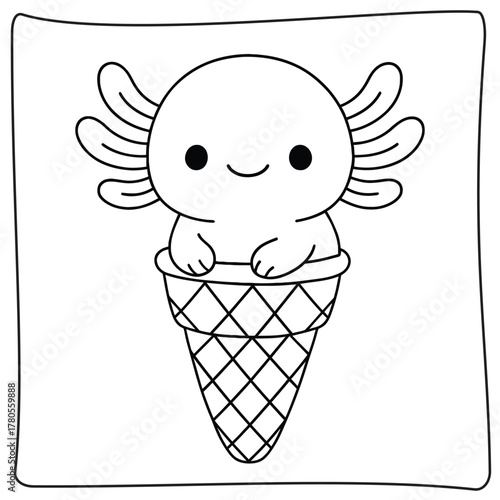 Outline drawing of a cartoon axolotl in an ice cream cone with a simple background