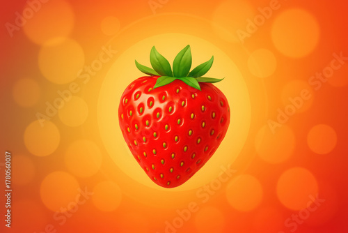 Bright red strawberry with green leaves against a warm orange background, highlighting its fresh appearance and appeal