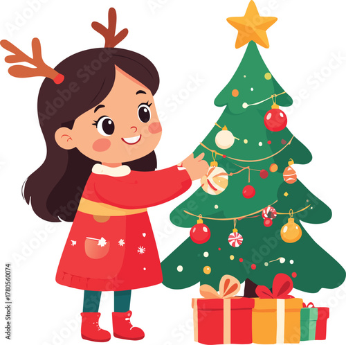 A cute cartoon girl with reindeer antlers decorating a Christmas tree with ornaments and presents underneath.