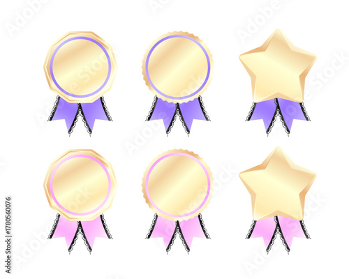 華やかなゴールドメダルと星形バッジセット - レースリボン飾り、紫ピンクのエレガントなベクター素材