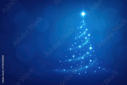 Christmas lights shine on a sparkling blue background, creating a festive atmosphere with a stunning tree design