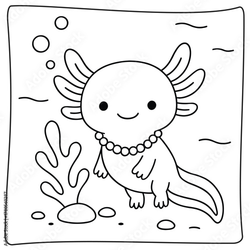 Outline drawing of a cute axolotl with a pearl necklace in an underwater environment