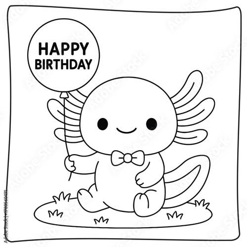 Cute axolotl with bow tie holding happy birthday balloon coloring page illustration